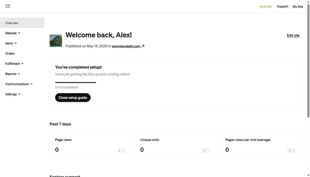 The Weebly site dashboard