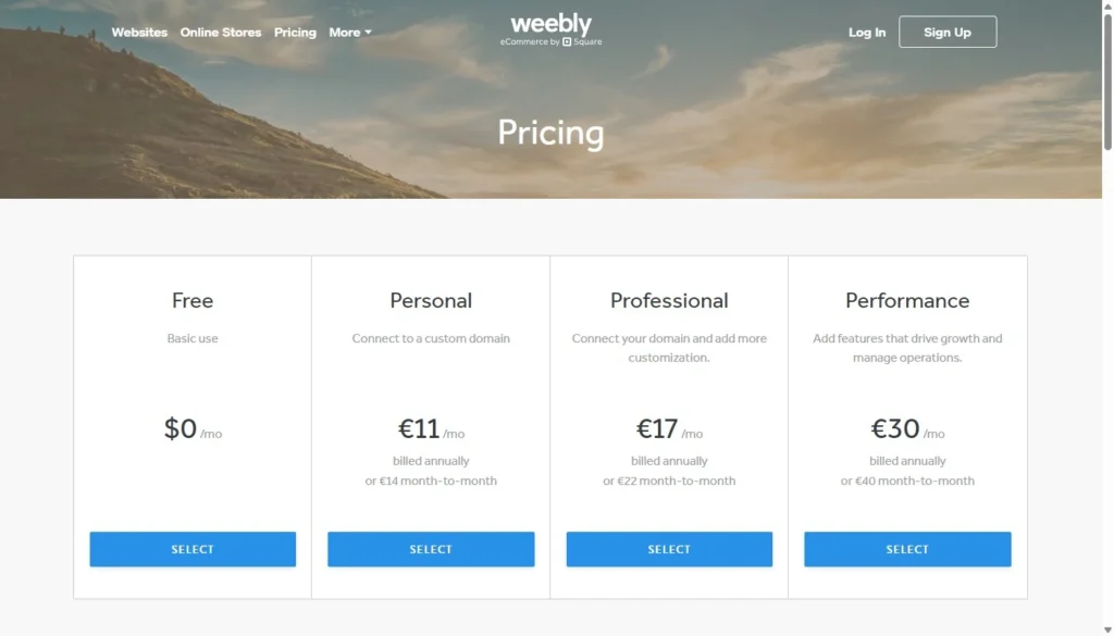 Weebly pricing plans