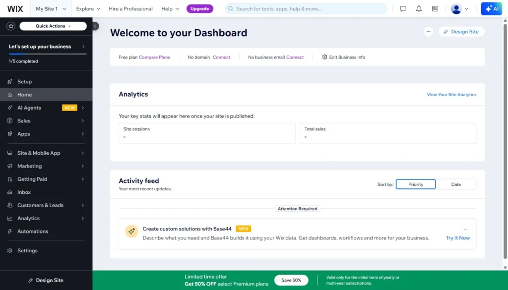 The Wix site dashboard