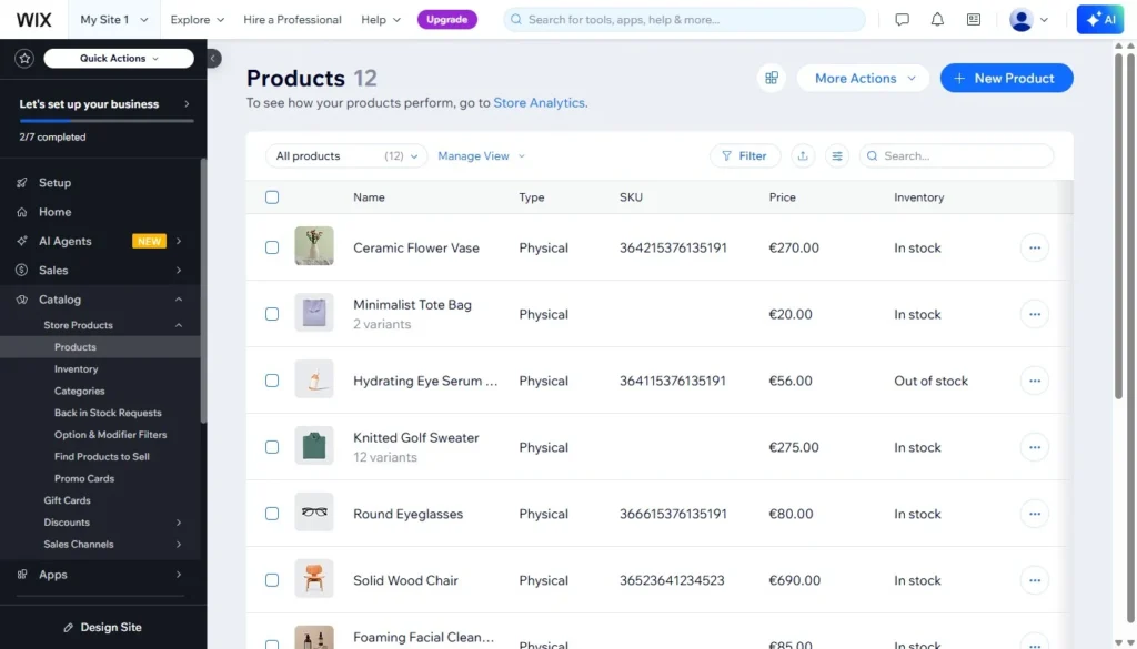 The Wix Stores product catalogue