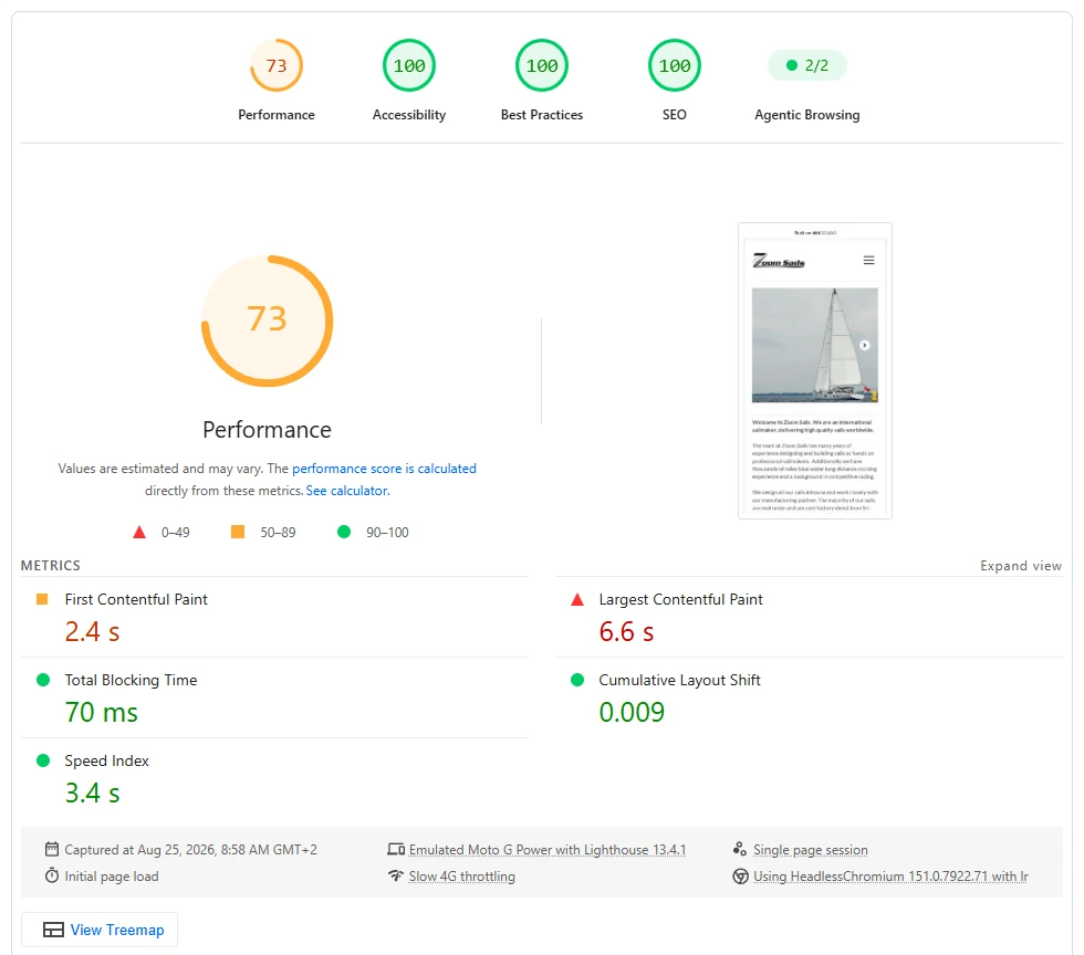 PageSpeed Insights mobile report for the Wix Studio site: Performance 73, Accessibility 100