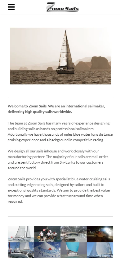 Zoom Sails mobile homepage on Weebly: burger menu, small logo, a narrow photo slider and the opening paragraphs