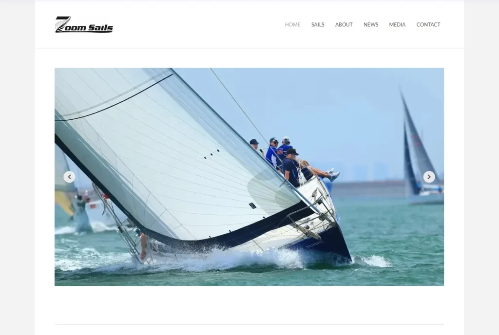 The same Zoom Sails homepage rebuilt in Wix Studio, keeping the logo, the menu and the full-width slider