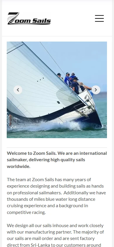 The same Zoom Sails mobile homepage rebuilt in Wix Studio: a larger logo, a full-width slider and roomier body text